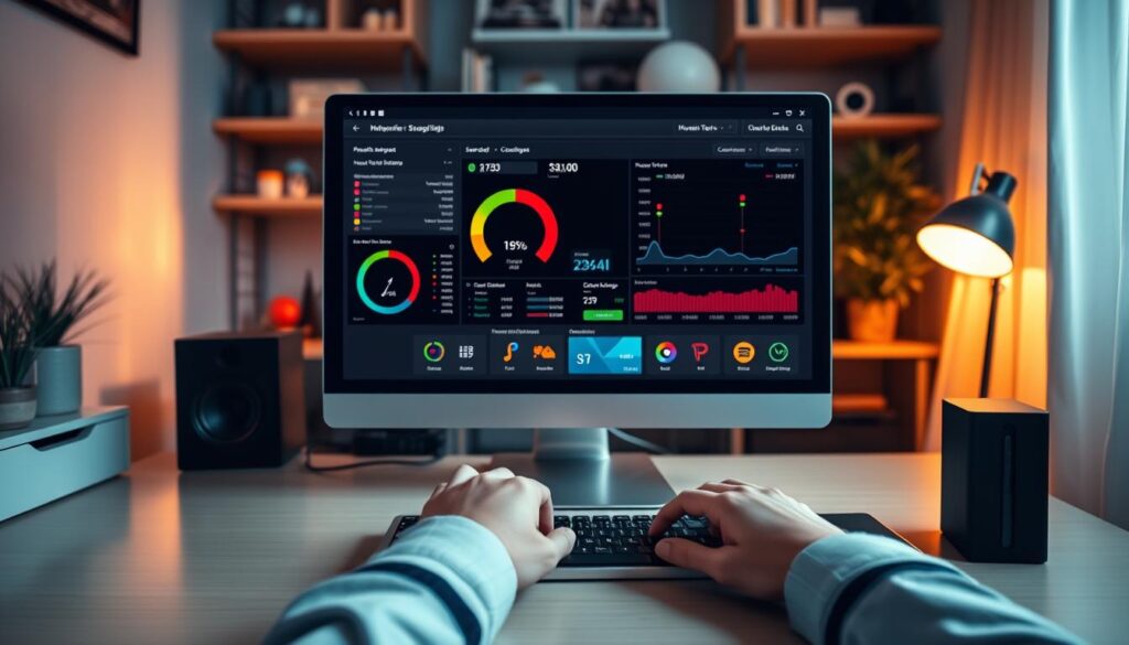 A serene, well-lit home office with a sleek computer setup. The screen displays a dynamic speed test visualization, with colorful graphs and charts depicting network performance metrics. The user's hands are poised over the keyboard, ready to interpret the data and troubleshoot any connectivity issues. The room is bathed in a soft, warm lighting that creates a focused, productive atmosphere. The overall scene conveys a sense of diligence and problem-solving, reflecting the article's aim to provide a comprehensive IPTV troubleshooting guide for Canadian users.