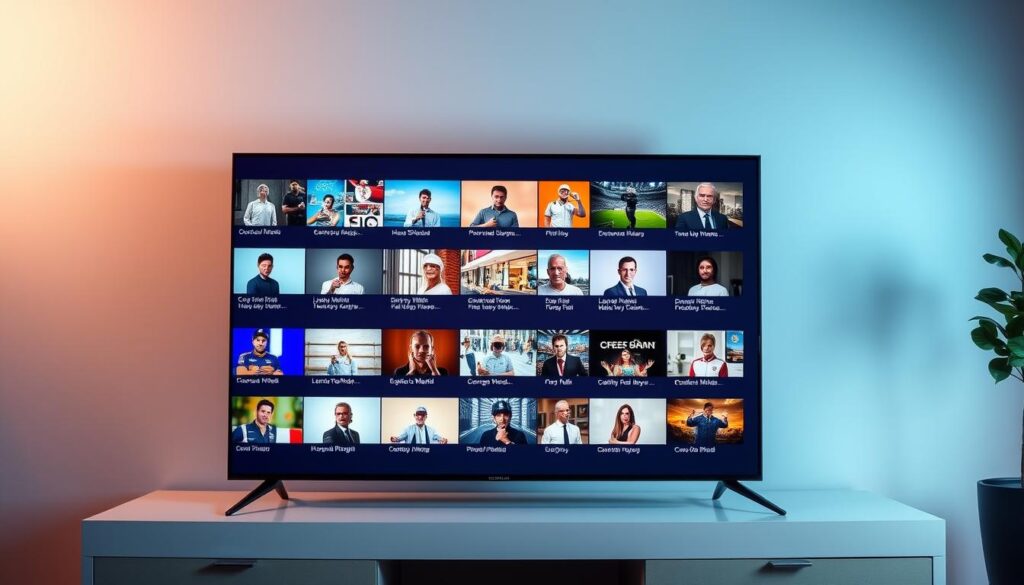 A sleek, modern 4K IPTV interface showcasing a grid of live TV channel thumbnails on a high-resolution display. The channels are displayed in a clean, minimalist layout with crisp, vibrant imagery. The background is a subtle, gradient-based color scheme that complements the on-screen content. The lighting is soft and diffused, creating a warm, inviting atmosphere. The camera angle is slightly elevated, providing a comprehensive overview of the interface. The overall composition and styling convey a sense of professionalism, technology, and high-quality entertainment experience.