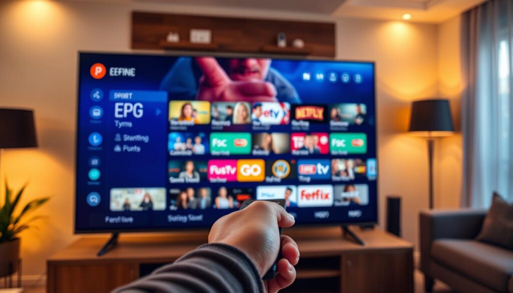 A sleek, modern TV screen displays a comprehensive EPG (Electronic Program Guide) interface, showcasing a wide array of streaming content options. The EPG features a clean, intuitive layout with crisp, high-contrast typography and vibrant, color-coded categories. In the foreground, a user's hand hovers over the remote, ready to seamlessly navigate through the guide and select their desired program. The background subtly depicts a living room setting, with warm, ambient lighting and a hint of contemporary furnishings, creating an immersive, living room-like atmosphere. The overall scene conveys a sense of effortless, lag-free entertainment experience, ready to cater to the needs of sports fans seeking real-time access to their favorite events.