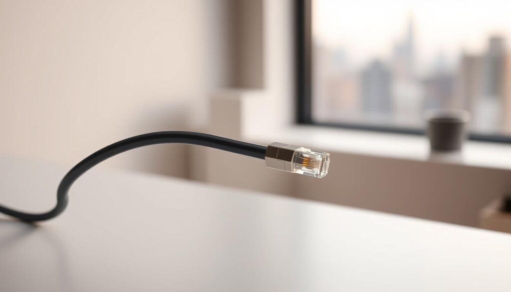 A sleek, modern ethernet cable snaking elegantly across a minimalist desktop, its metallic sheen gleaming under soft, diffused lighting. In the background, a serene, blurred cityscape through a window, hinting at the stable, reliable connection it provides. The cable's path is well-organized, with clean lines and a sense of purpose, symbolizing the unwavering stability and low latency of an ethernet-powered IPTV setup. The overall atmosphere is one of technological sophistication, efficiency, and unwavering performance, perfectly capturing the essence of "Ethernet for IPTV: stability, low latency and consistent 4K performance".