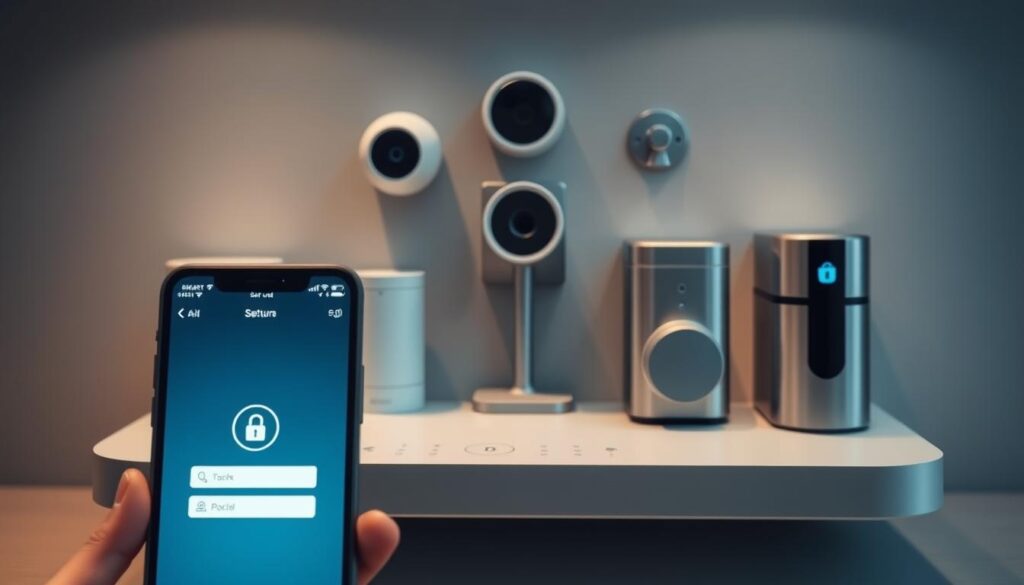 A sophisticated security control panel featuring various smart home devices and mobile apps. In the foreground, a sleek smartphone displays a secure login screen, while behind it, a modern touchpad interface shows network connectivity and device status. The middle ground features a smart security camera, motion sensor, and a wireless smart lock, all elegantly integrated into a minimalist, high-tech setup. The background has a muted, tech-inspired ambiance with subtle lighting effects, creating an atmosphere of advanced digital security and privacy protection.