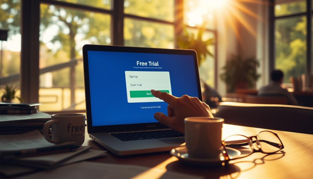 A sun-dappled office setting, a laptop screen displaying a "Free Trial" signup page, a hand hovering over the "Start Trial" button. The desktop is cluttered with documents, a mug of coffee, and a pair of reading glasses, conveying a sense of productivity and decision-making. Warm, natural lighting filters in through large windows, casting soft shadows and highlights across the scene. The overall mood is one of contemplation, with the free trial offer as the central focus, inviting the viewer to explore the service without commitment.