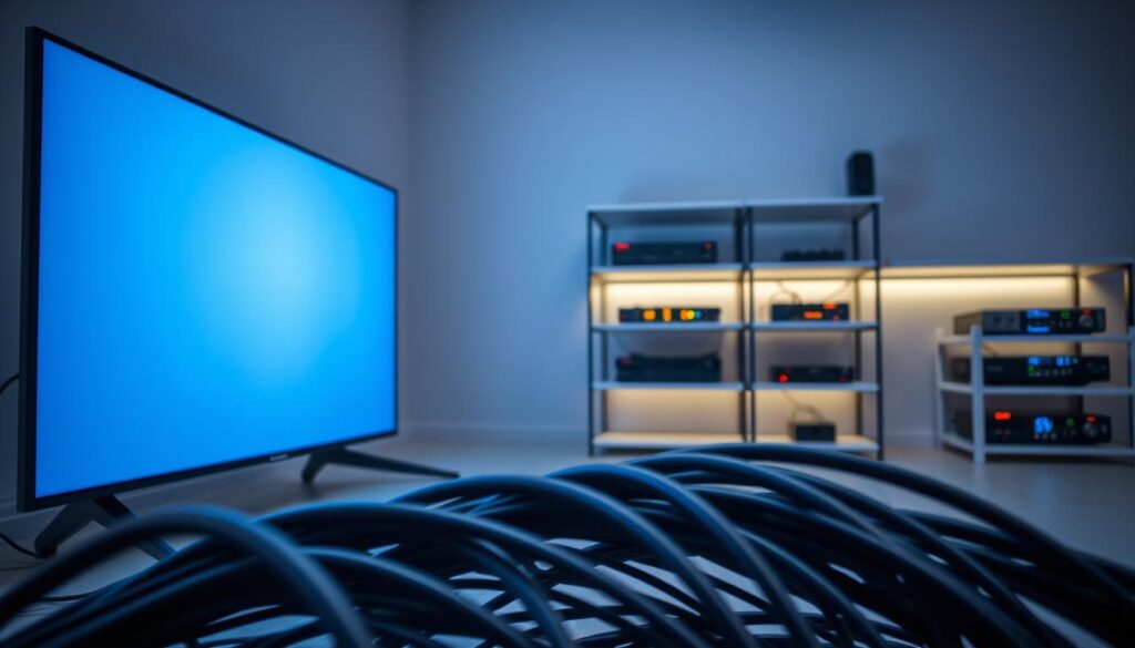 A tranquil, well-lit studio setting showcasing an array of high-definition television signal channels. In the foreground, a sleek, modern television set displays a crisp, vibrant image, its screen seemingly emanating a soft, natural glow. The middle ground features a collection of high-quality HDMI and coaxial cables, neatly organized and connected, conveying a sense of reliability and technical prowess. In the background, a minimalist shelving unit houses a variety of streaming devices and set-top boxes, their status indicators subtly illuminating the space. The overall atmosphere is one of professional-grade, trustworthy media equipment, inspiring confidence in the viewer's ability to access credible IPTV content.