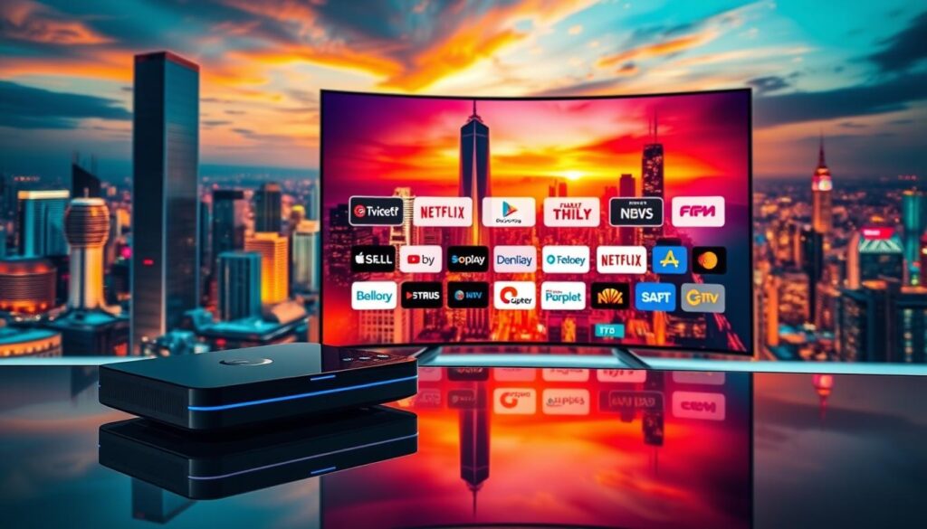 A vibrant, visually striking image showcasing the ideal IPTV service in 2025. In the foreground, a sleek, modern streaming device rests on a glass surface, its elegant design complementing the crisp, high-definition image displayed on a large, curved LED screen. The middle ground features various popular streaming channels and content providers, their logos and branding elements subtly integrated into the composition. In the background, a cityscape with towering skyscrapers and a vibrant, neon-lit skyline sets the scene, conveying a sense of technological innovation and urban sophistication. The overall mood is one of sophistication, reliability, and a future-forward vision for the best legal IPTV service.