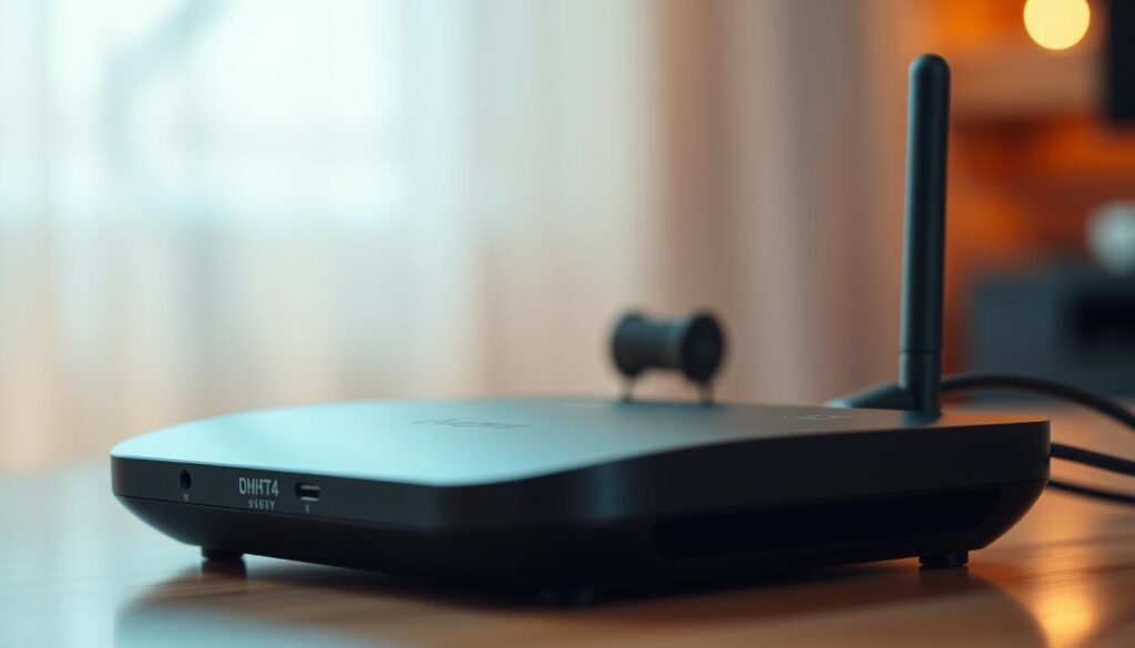 A well-lit, close-up shot of a modern streaming device, showcased against a soft, blurred background. The device's sleek design and high-quality ports convey a sense of technical proficiency and reliable performance. Subtle ambient lighting illuminates the scene, creating a warm, inviting atmosphere. The image should capture the essence of a high-quality, dependable streaming experience.