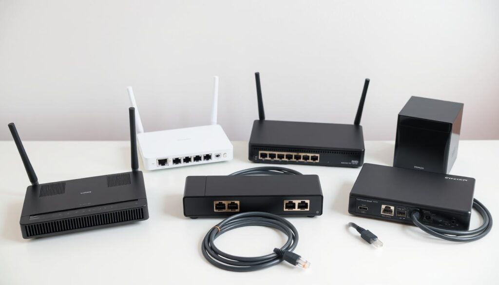 A well-lit, high-angle shot of a variety of modern ethernet devices arranged on a clean, minimalist table. In the foreground, a sleek ethernet router, switch, and modem are positioned prominently, their distinctive designs and ports clearly visible. In the middle ground, a selection of ethernet cables in various colors and lengths are neatly coiled, suggesting connectivity options. The background features a plain, neutral-toned wall, allowing the devices to take center stage. The overall scene conveys a sense of technological efficiency and connectivity, suitable for illustrating the topic of "IPTV Wi-Fi vs Ethernet for 4K Streaming: What's Better in Canada?".