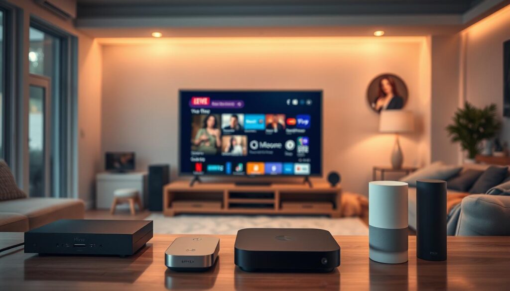 A well-lit, high-angle view of a modern home entertainment setup. In the foreground, an array of sleek, minimalist devices: a smart TV, a streaming box, a game console, and a voice assistant. Their clean lines and neutral colors create a cohesive, tech-savvy aesthetic. The middle ground features a selection of popular streaming apps displayed on the TV screen, including video-on-demand, live TV, and music services. The background shows a cozy living room environment, with warm lighting, plush furniture, and a sense of comfort and relaxation. The overall mood conveys the harmony between cutting-edge technology and a seamless, immersive viewing experience.