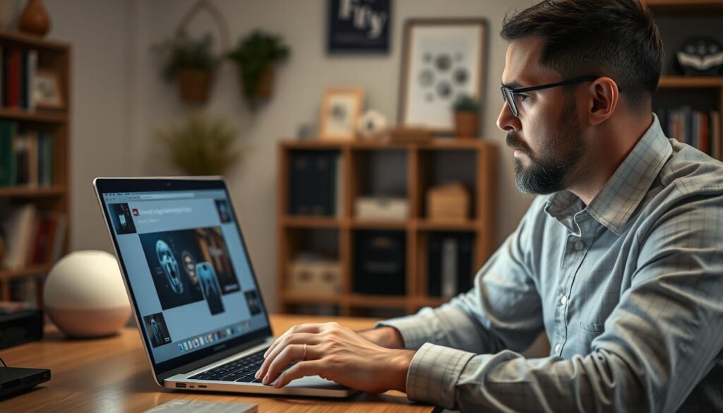 A well-lit, high-resolution image of a person troubleshooting a problematic IPTV app on a laptop computer. The person is sitting at a desk, their face illuminated by the laptop screen's glow, with a concentrated, thoughtful expression. The background depicts a cozy, organized home office setting with bookshelves and minimal decor, creating a calm, focused atmosphere. The image should convey a sense of problem-solving and technical expertise, reflecting the challenges and solutions associated with troubleshooting IPTV issues.