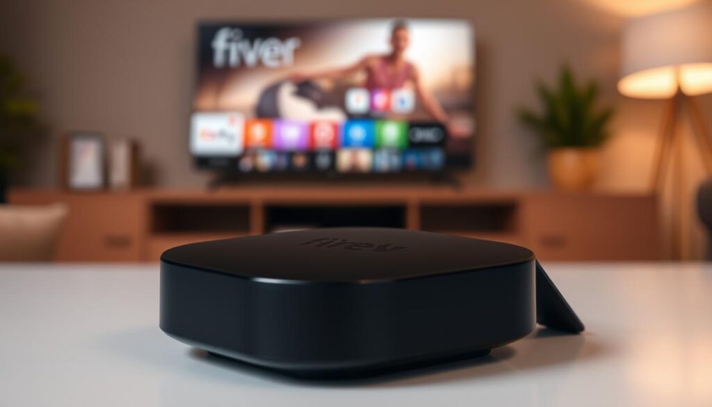 A well-lit, high-resolution image of an Amazon Fire TV Iptv player device in the foreground, showcasing its sleek, modern design with a glossy black finish. The device is positioned at a slight angle, highlighting its compact and streamlined form factor. In the middle ground, a minimalist entertainment setup with a smart TV or display, creating a cohesive and visually appealing scene. The background features a warm, cozy living room atmosphere with subtle lighting and a sense of comfort and relaxation, emphasizing the seamless integration of the Fire TV Iptv player into a home entertainment system.