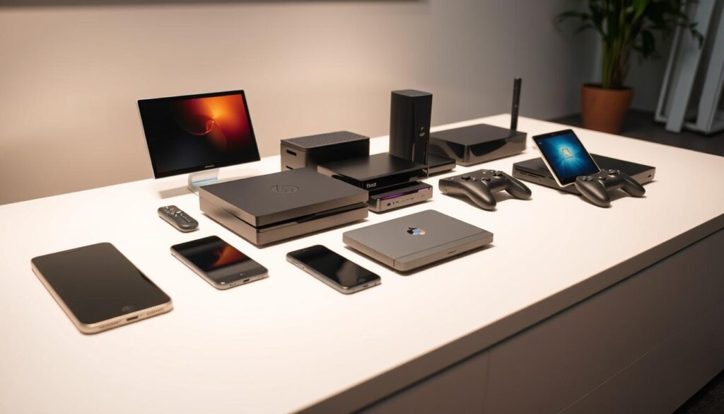 A well-lit interior space, a collection of various electronic devices prominently displayed on a clean, minimalist table or desk. Sleek, modern smartphones, tablets, gaming consoles, and streaming media players arranged in a visually appealing layout. Soft, diffused lighting illuminates the scene, highlighting the smooth, glossy surfaces and crisp lines of the technology. The devices are captured from a slightly elevated angle, creating a sense of depth and emphasizing their form and functionality. The overall mood is one of sophistication, efficiency, and the seamless integration of cutting-edge digital technology into everyday life.