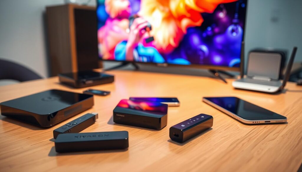 A well-lit study table, its surface littered with an array of modern electronic devices. In the foreground, a sleek smart TV, its screen displaying a vibrant, vivid image. Beside it, a streaming stick and an IPTV player, their compact forms hinting at their powerful capabilities. In the middle ground, a smartphone and a tablet, their screens reflecting the soft, diffused lighting of the room. In the background, a gaming console and a high-end router, their presence suggesting a comprehensive home entertainment setup. The overall scene conveys a sense of technological integration and the seamless convergence of various media platforms, ready to deliver an immersive viewing experience.