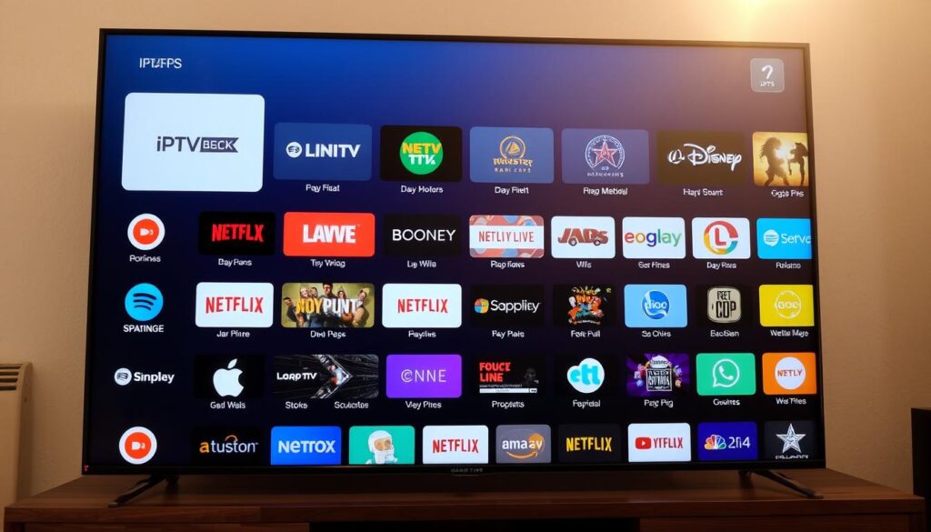 A well-organized array of popular IPTV apps displayed on a high-definition smart TV screen, showcasing a variety of streaming services and content options. The apps are presented in a clean, intuitive interface with clear icons and labels, inviting the user to explore and discover the best IPTV solution for their needs. The scene is bathed in warm, natural lighting, creating a welcoming and user-friendly atmosphere. The camera angle is slightly elevated, providing a comprehensive view of the app selection and emphasizing the ease of navigation. The overall composition highlights the seamless integration of IPTV technology into the modern smart TV experience.
