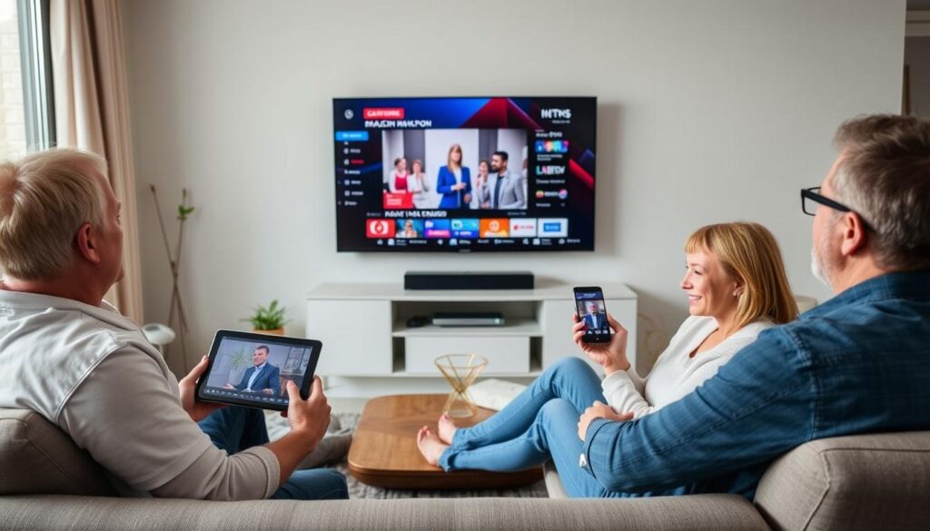 Canadian family enjoying legal IPTV streaming on multiple devices