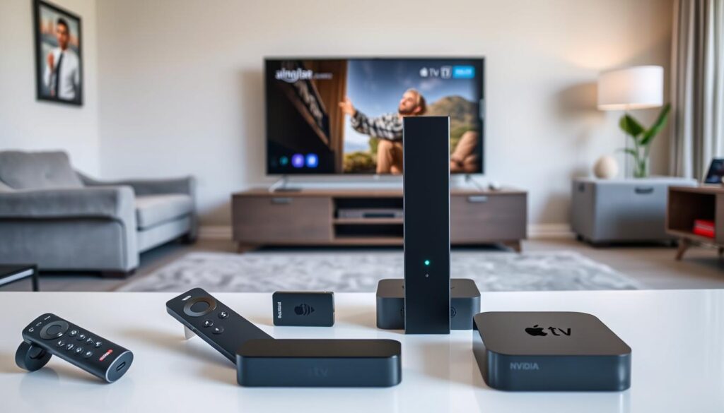 Collection of recommended devices for secure 4K IPTV streaming in Canada including Smart TVs and streaming boxes