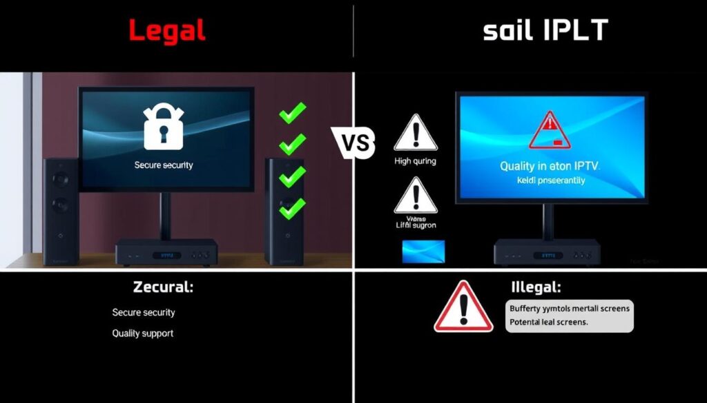 Comparison between legal and illegal IPTV services showing the risks and benefits