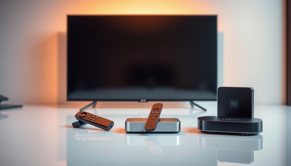 Devices for streaming: a sleek arrangement of modern streaming devices, including a smart TV, a set-top box, a streaming stick, and a media player, all in a minimalist, high-tech setup. The devices are displayed on a clean, reflective surface, bathed in warm, focused lighting that highlights their polished exteriors and modern aesthetics. The background is a soft, gradient blur, creating a sense of depth and emphasis on the featured devices. The overall atmosphere conveys a sense of technological sophistication and the promise of a seamless, secure streaming experience.