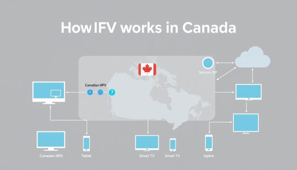 Diagram showing how secure IPTV streaming works in Canada with internet protocol television delivery