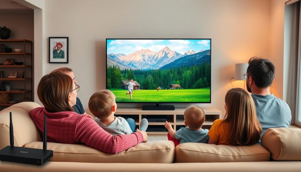 Family enjoying secure 4K IPTV streaming in a Canadian home with perfect picture quality