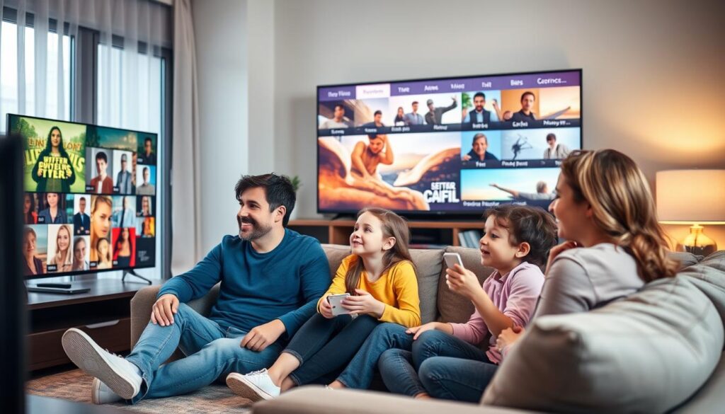 Family watching IPTV content together in living room on smart TV