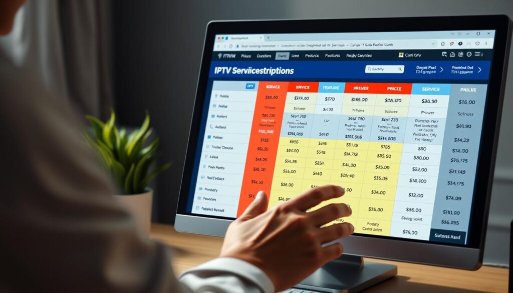 Person comparing IPTV subscription prices and features on computer