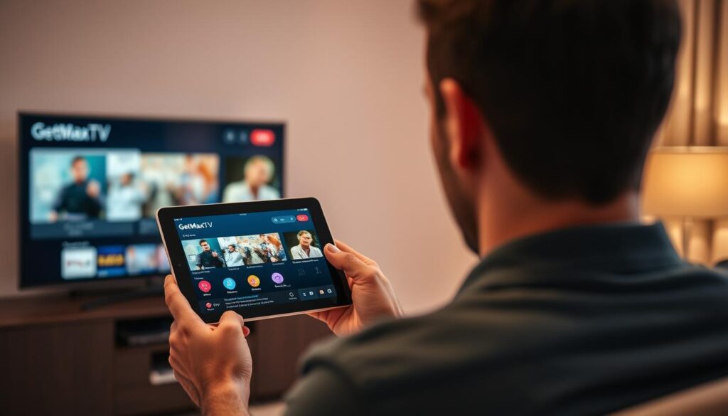 Person enjoying GetMaxTV content on multiple devices showing multi-device compatibility