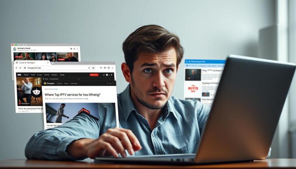 Person looking confused at misleading IPTV service listings online
