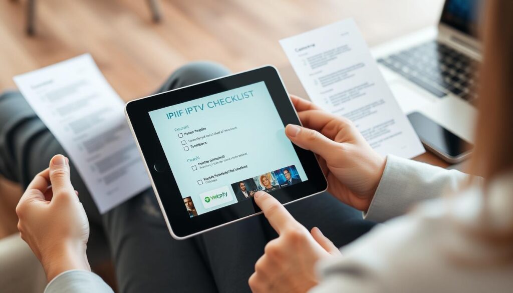 Person using a checklist to evaluate IPTV services on multiple devices