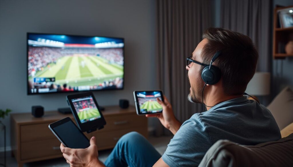 Sports fan watching multiple live sports events on IPTV with low latency