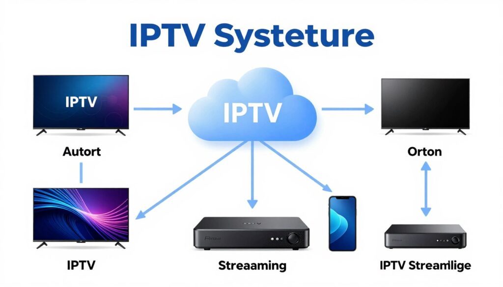 Diagramme explicatif montrant le fonctionnement de l'IPTV avec serveurs, Internet et appareils de visionnement