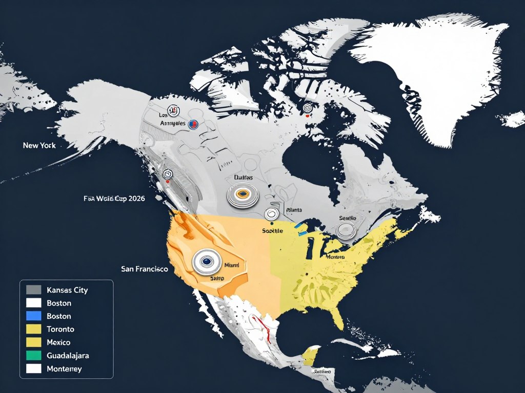 Map showing 16 World Cup 2026 host cities across USA, Canada, and Mexico Map showing 16 World Cup 2026 host cities across USA, Canada, and Mexico
