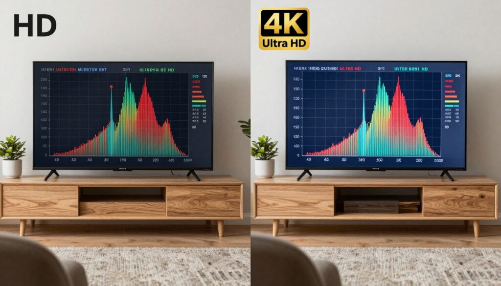 Side-by-side comparison of HD versus 4K IPTV picture quality showing resolution difference