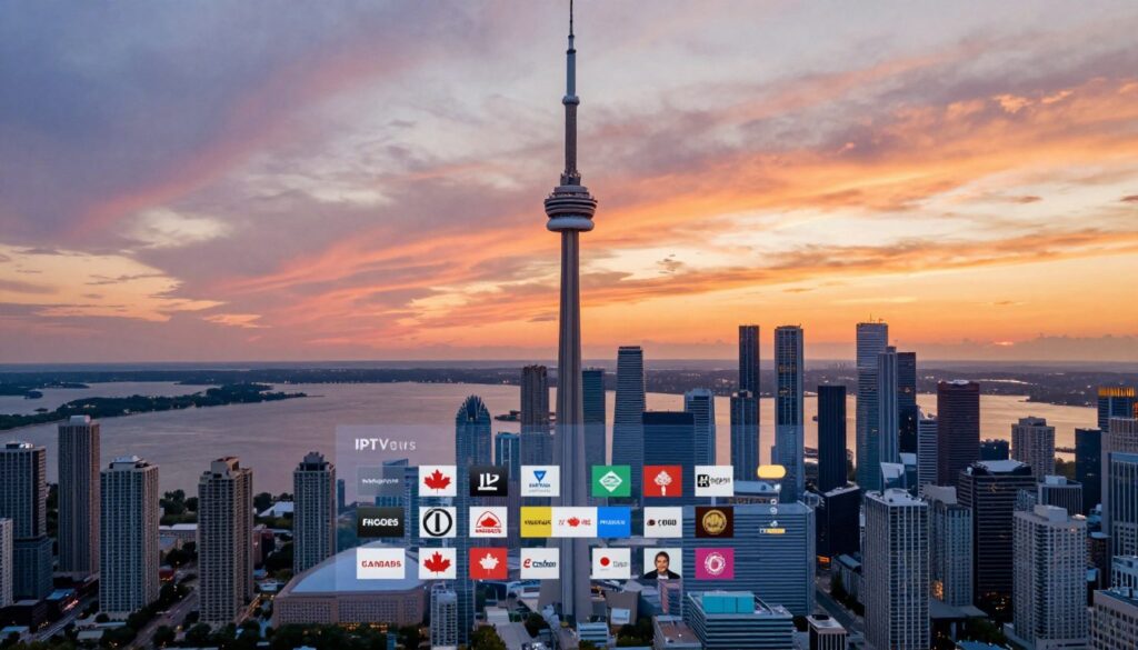 Toronto skyline with CN Tower at sunset featuring overlay of streaming service interface