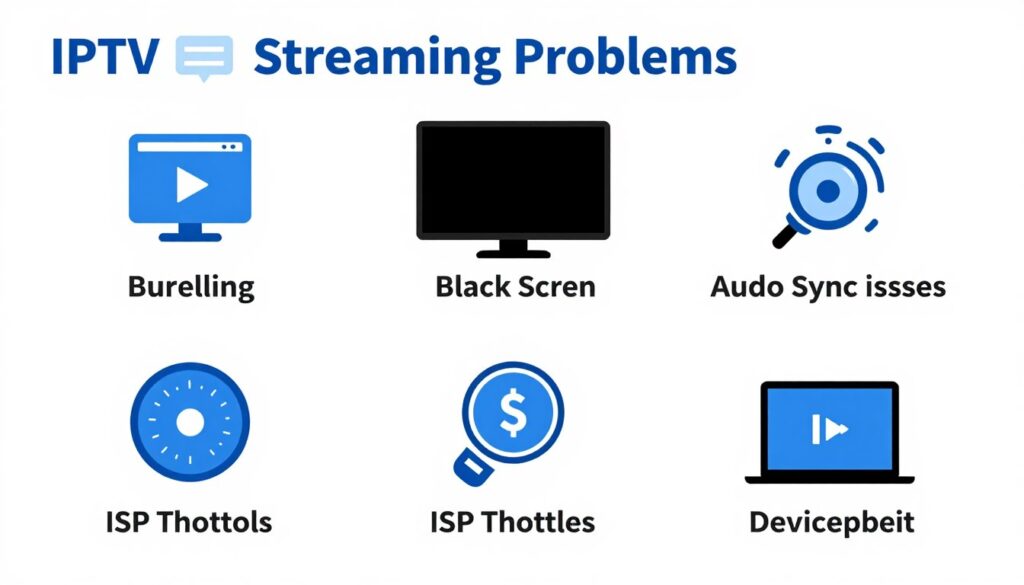 diagram showing common IPTV problems and their causes including buffering, connection errors, and playback issues